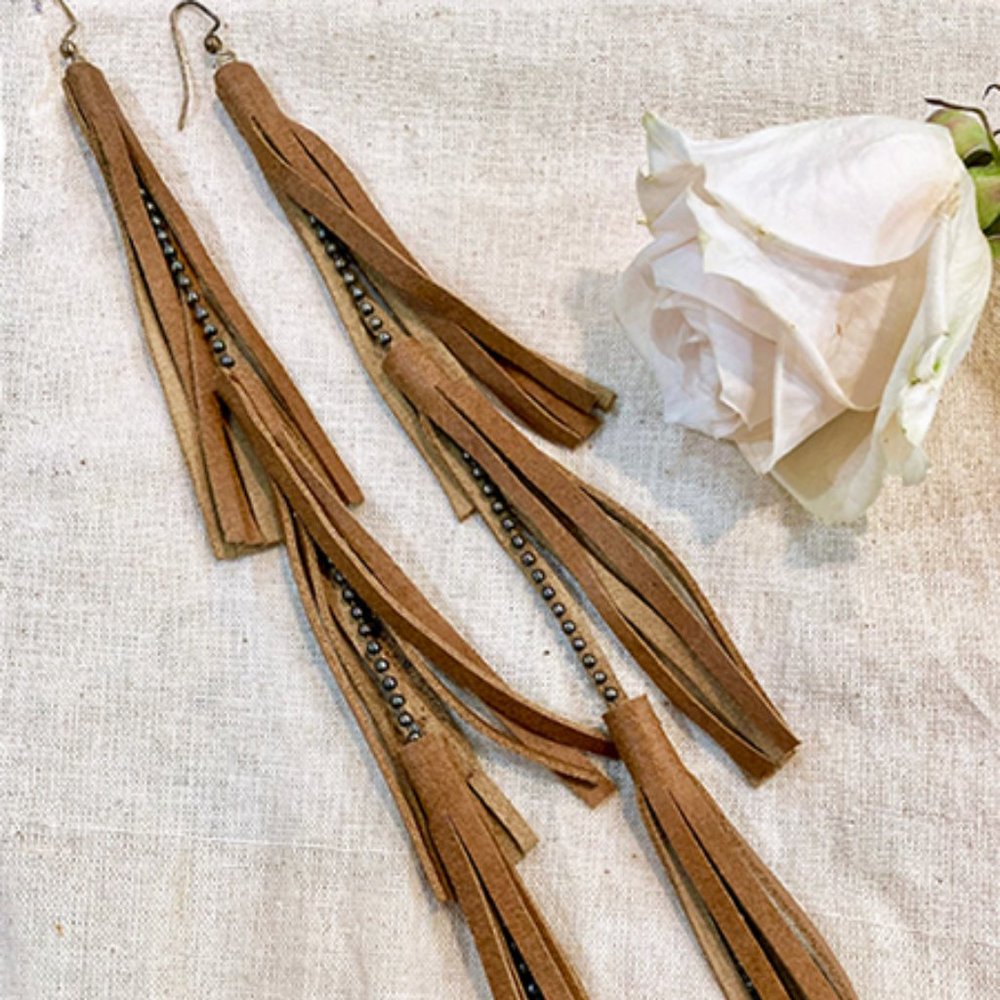 Boho Statement Leather Tassel Earrings 12 Inches Long